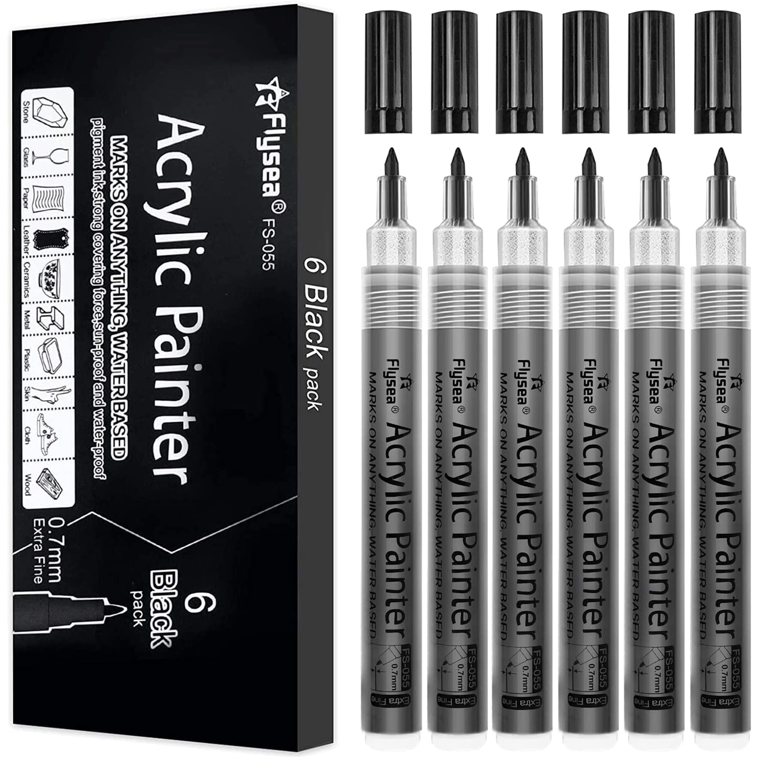Black Marker Paint Pens 6 Pack 0.7mm/2.0mm Acrylic B..